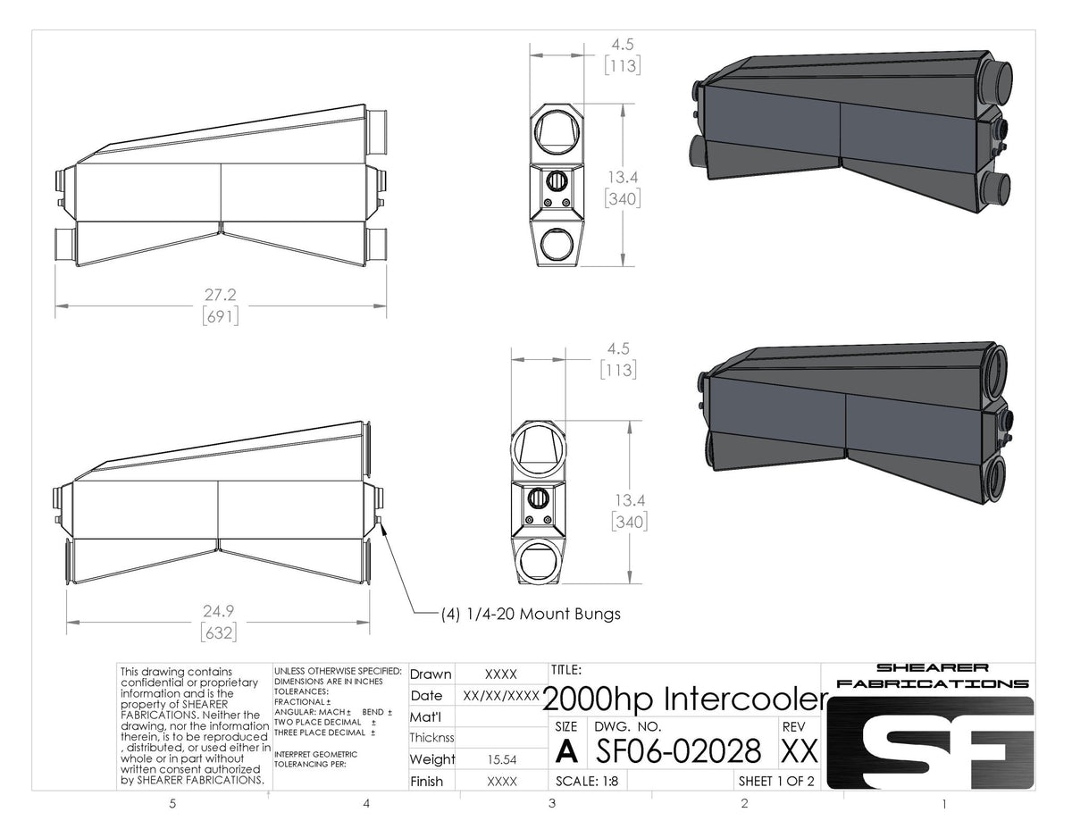 2000hp, Dual In, Single Out. Hose Barbs, 3" Inlets, 3.5" Outlet - HP Race Brands - Shearer Fabrications, Inc. - Intercooler