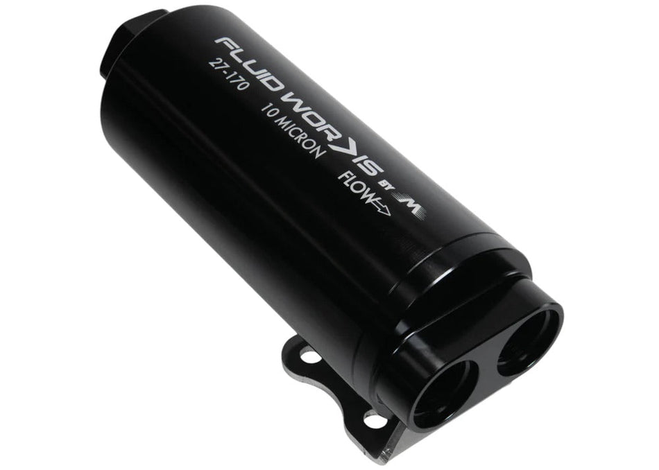 Fluidworks Dual Outlet 12GPM Post Fuel Filter w/ Mount (10 Micron) - HP Race Brands - Motion Raceworks - Fuel Filter